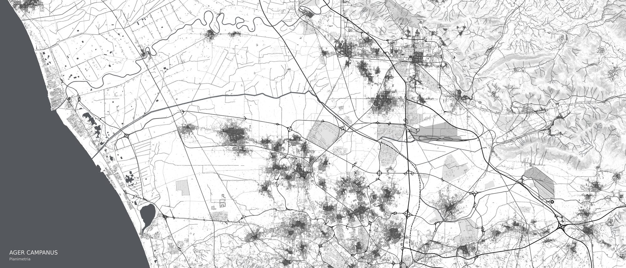 Planimetria dell'Ager Campanus: il territorio fra la costa domizia e i rilievi casertani, con la rete infrastrutturale, il tessuto costruito e i nove ambiti di studio segnati da cerchi